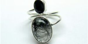 BLACK RUTILE CABOCHON AND BLACK ONYX FACET RING