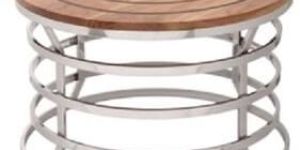 Black Strip Wooden Round Top Stainless Steel Coffee Table