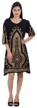 Rayon African Gold Print Black A-line Knee Long Dress