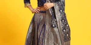 Women Blue Embroidered Top Skirt Dupatta