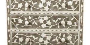 Wooden Bone Inlay Grey Chest of Drawer Dresser Floral Pattern