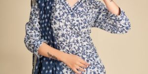 Jaipuri Blue Printed V Neck Cotton Kurti with Dupatta