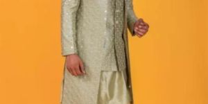 GREEN OPEN JACKET INDOWESTERN WITH MIRROR WORK