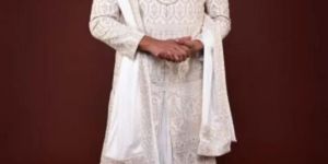 TRADITIONAL CREAM HANDWORK ANARKALI SHERWANI WITH DUPATA