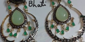 925 Silver Marcasite Emerald Moti Earrings