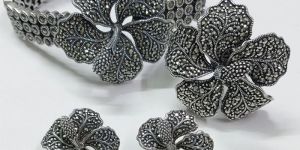 925 Silver Marcasite Flowers Ring Stud Bracelet