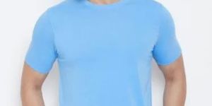 Mens Cotton Half Sleeves Sky Blue Plain T Shirt