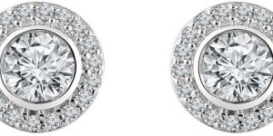 Pave Halo And Center Bezel Set Round Cut Diamond Stud Earrings