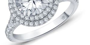 Split Shank Double Halo Accents Engagement Ring with Center Diamond