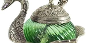 Glass Peacock Shaped Bowl with Lid and Dessert Spoon