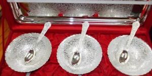 Silver Plated Tray with 3 Bowl and 3 Spoon Set