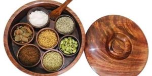 Inaithiram SB07B Round Wooden Spice Box with 7 Containers