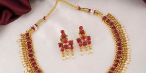 Gold Plated Red Ruby Pearl Decor Jewellery Set