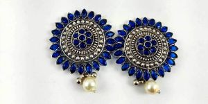 Premium oxidised with dark blue stone & pearl earrings