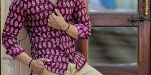 Burgundy Leaf Print Mens Shirt