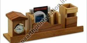 Wooden Pen Holder with Clock and Mobile Holder