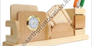 Wooden Pen Stand with Clock Card and Mobile Holder