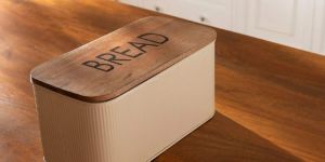 Egg Shell Metal Bread Box with Wooden Lid