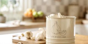 Egg Shell Metal Garlic Storage Bin with Wooden Lid