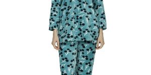 Ladies Teal Blue Printed Woolen Collar Night Suit