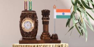 Wooden Pen Stand With Clock - Ashok Stambh Pillar And National Flag