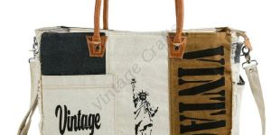 Ladies Printed Canvas and Leather Handle Bag
