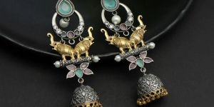 Pink & Pista Green Monalisa Stone Oxidised Earrings