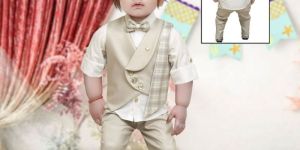 MM773 Beige Boys Pant Shirt Jacket Bow Tie Set