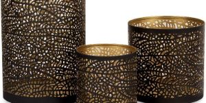 Set of 3 Black and Gold Metal Hurricane Candle Holder
