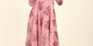 Pink Floral Printed Organza Umbrella Gown