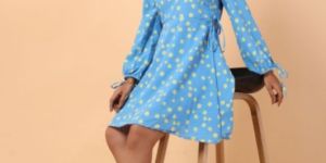 Sky Blue Floral Printed Mini Wrap Dress
