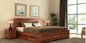 Wooden Bed with Side Table