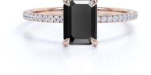 1.50 Ct Black Diamond Emerald Cut Solitaire Ring With Accents In Rose Gold