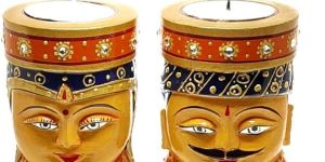 Wooden Rajasthani Tea Light Lady & Gents Candle Holder