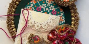 Bottle Green & Pink Navratna Patola Classic Invitation Ensemble