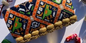 Micro Beaded Clutch- Navy Blue Hathi Popat Patola X Solid Silk