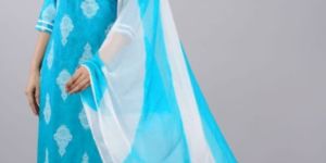 LT Blue Embroidered Kurti Pant with Dupatta Set