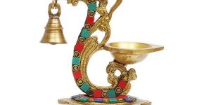 Brass Diya with Bell And Holding with Brass Table