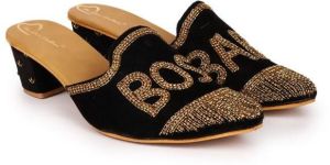 the Desi Dulhan Women Black Golden Embellished Heel Mules with Resin Sole