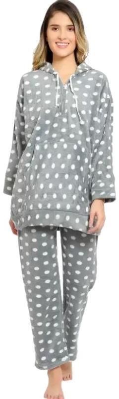 Ladies Grey Woolen Polka Dot Hoodie Night Suit