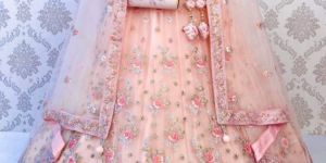 Party Wear Peach Flower Work Lehenga Choli
