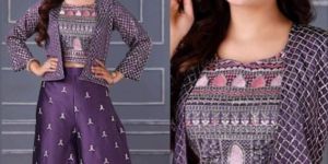 Purple Ladies Georgette Crop Top Palazzo Set