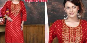 Red Ladies Gold Printed Rayon Kurti Set