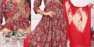Red Printed Rayon Alia Cut Suit