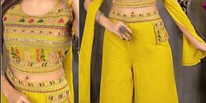 Yellow Ladies Crop Top Palazzo Set