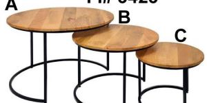 Round Wooden Nesting Coffee Table with Metal Frame, Set of 3,