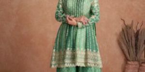 Ladies Designer Green Chinon Sharara Set