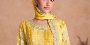 Ladies Designer Yellow Chinon Sharara Set