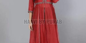 Ladies Red Embroidered Chanderi Kurta with Pant
