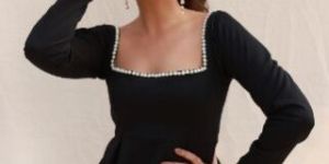 Beaded Neck Black Shift Dress